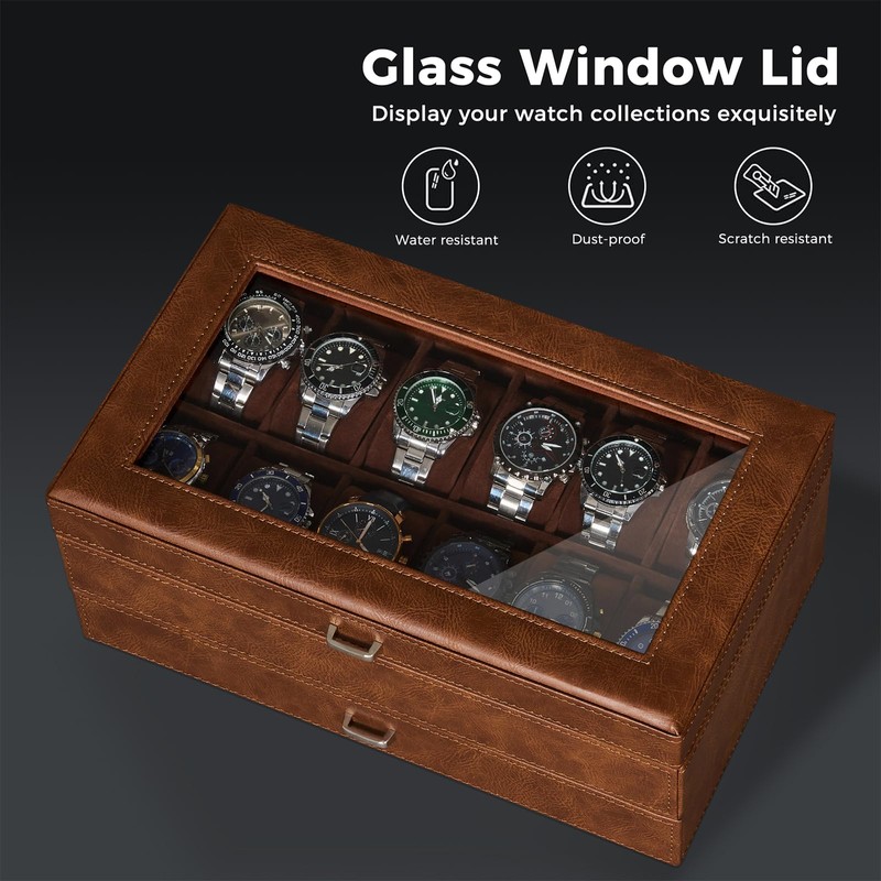 BEWISHOME Watch Box for Men, 12-Slot Watch Case, 2-Layer Watch
