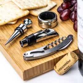 Grunwerg 5 Pcs Wine Set, Wooden Box - Waiter's Knife, Stopper, Wine Pourer and Wine Collar