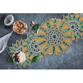 Green Gold Beaded Table Runner 36 Inches Long - Beautiful Fancy Elegant Decorative Handmade Glitz Table Runner for Dining Table Décor, Easter, Farmhouse, Living Room, New Year, Christmas - 13x36 Inch