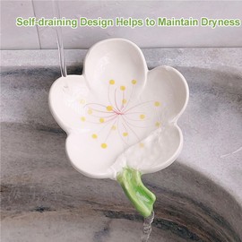 Ceramic Soap Holder for Shower, Self-Draining Soap Dish for Bathroom, Bar Soap Holder, Soap Tray for Countertop, Flower Shaped Soap Container, Cute Soap Saver, Peach Blossom, White