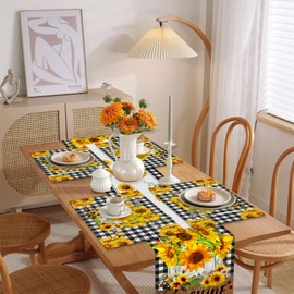 Buffalo Plaid Sunflower Placemats Set of 4, Yellow Floral Rustic Vintage Dining Table Place Mats Heat-Resistant Washable Linen Coasters for Seasonal Decoration 12x18 Inch