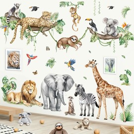 decalmile Wall Sticker Jungle Animals Tree Branch XXL Wall Sticker Safari Animals Elephant Giraffe Leopard Tropical Leaves Wall Sticker Nursery Baby Room Bedroom Wall Decoration