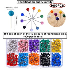 HUAZIZ Pack of 1000 Map Nail Push Pins, Round Head Pins, Map Pins, Map Push Pins, Metallic Round Head with Stainless Steel Tip, 4 mm, 10 Colours