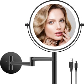 LANSI 8" Wall Mounted Makeup Mirror with Handle, 3 Color Lights Dimmable and 1X/10X Magnification, Rechargeable Bathroom Wall Mount Magnifying Mirror with Extension Arm Height Adjustable Black