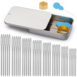 TLKKUE 100/40 Pcs Large-Eye Blunt Needles, Tapestry Needle with Needle Threader Thimble, Steel Yarn Needles for Sewing Knitting Crafting Weaving Crochet Tapestry (Silver, 8 sizes/40 pcs)