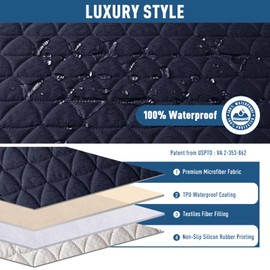 TAOCOCO 100% Waterproof Recliner Cover -Loveseat Recliner Cover with Center Console,Non-Slip Reclining Couch Covers for 2 Seat,with Elastic Straps Pocket for Kids, Dogs, Pets (Dark Blue, 2 Seater)