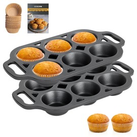 COSORM Pre-Seasoned Cast Iron Muffin Pan - 6-Cup Nonstick Cupcake Pan, 2 Piece Set
