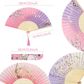 3PCS Folding Hand Fans with Tassel and Fabric Sleeves, Bamboo and Silk Handheld Folding Fans for Wedding, Party, Gifts and Wall Decoration – Pink Gradient, Purple Gradient, Pink and Purple