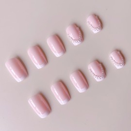 24Pcs White French Tip Press on Nails for DIY Manicure Set - Glossy French Nails Pearls Press ons Short Square Shape Cute False Nails Gel Glue on Nails for Women Girls