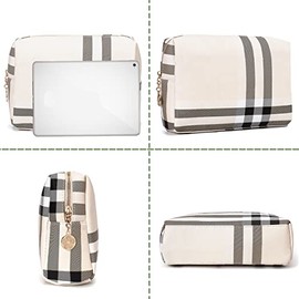 Bolsa de maquillaje grande para bolso de lujo para mujer, bolsa de maquillaje para artículos de cambiador y organizador de viaje, Beige, Large, Rayas,