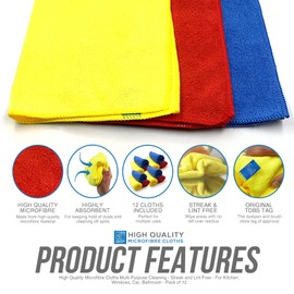 Multipurpose Microfibre Cleaning Cloth | 40cm x 40cm Super Soft, Washable and Lint Free Microfibre Cleaning Cloths for Wiping Your Kitchen, Bathroom, Windows, and Cars (12 Microfibre Cloth)
