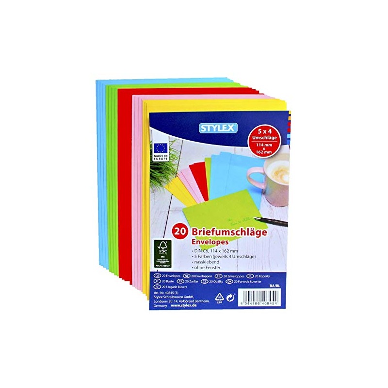 Stylex Pack of 200 Coloured Envelopes DIN C6 5 Colours