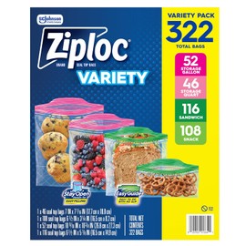Ziploc Bolsas de Almacenamiento Reutilizables, Contenedores para Alimentos y Organización, Pack Variado 322 Unidades