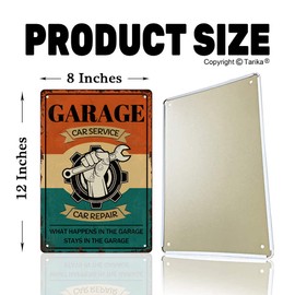 Car Service Car Repair What Happens in The Garage Stays in The Garage Mechanic Metal Tin Sign, Gift for Mechanic, Funny Retro Signs 8x12 Inch Wall Decor for Cafes Bars Pubs Shop