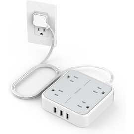 Flat Plug Surge Protector Power Bar, TESSAN 5 ft Extension Cord Indoor with 4 Outlets and 3 USB Ports, Desktop Power Strip, Mountable Charging Station for Home Office Dorm Travel
