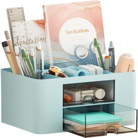 AUMA Desk Organizer with Drawer, Multi-Functional Pencil Holder for Desk, Desk Organisers and Accessories with 5 Compartments + 2 Drawer for Office Art Supplies(Blue)