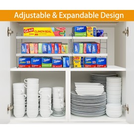 2 Pack Pantry Organization and Storage, Expandable Foil and Plastic Wrap Organizer, Adjustable Kitchen Wrap Organizer Rack for Cabinet, Foil Saran Wrap Holder Shelf for Sandwich Plastic Bags Box,