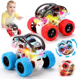 REMOKING 2 Pack Push and Go Inertia Cars,4 WD Light Up 360°Rotation Monster Truck, Friction Powered Car Toys for 2 3 4 5 6 Year Old Boys,Toddler Game for Kids Age 3-5 Christmas Birthday Party Gift