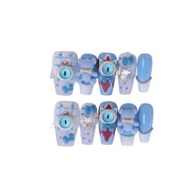 PN-011 Press-On Nails Lacquered 10 Pieces Reusable False Nails Y2K Monster Cat's Eye Teddy White Blue