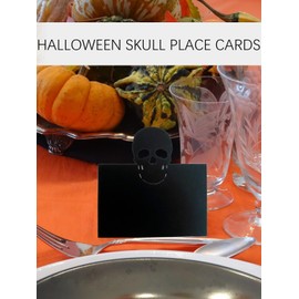 Spooky Skull Place Cards - Black Table Tent Cards, 25pcs