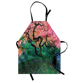 ABAKUHAUS Japanese Cooking Apron, Aged Red Leaf Maple with Moss Asian Garden Landscape in Autumn Grass Relaxation in Nature, Machine Washable, No Fading, Green