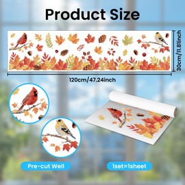 ANATTASOUL Static Window Clings Bird and Maple Leaves 1 Sheet Reusable Window Decals for Glass, 47.24" x 11.8" Removable Double Sided Window Sticker for Room Office Home Decoration