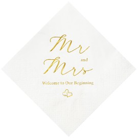 Crisky Gold Foil Mr and Mrs - Servilletas de cóctel de boda, 100 unidades para bodas, fiestas, recepciones, postres, decoración de mesa, bienvenidos a nuestras servilletas desechables de 3 capas