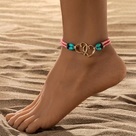 Elastic Beaded Ankle Bracelets for Women Double Heart Layered Stretch Ankle Bracelets Waterproof Dainty Boho Beaded Anklets for Summer Beach Foot Jewelry (Pink Gold)