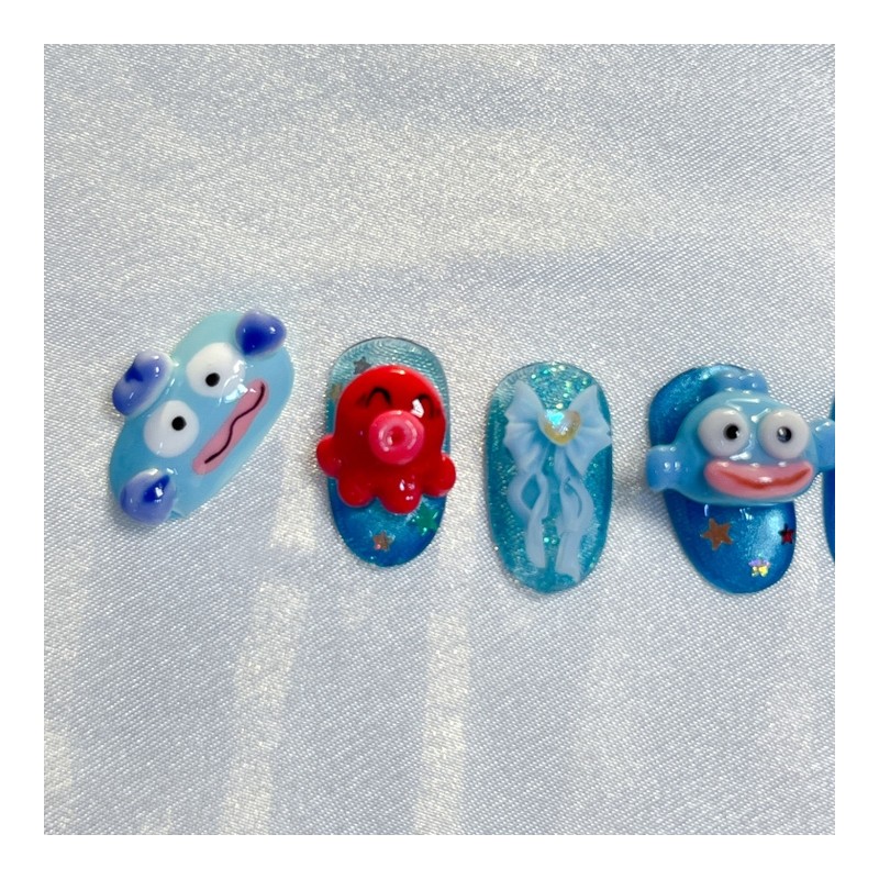 [Premium handmade embossed nails] Fish and octopus - Coffin Egg