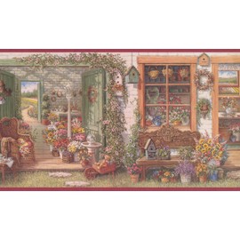 CONCORD WALLCOVERINGS ™ Wallpaper Border Vintage Pattern Flower Shop Flowers Birdhouses for Cottage Kitchen Dining Room Living Room, Brown Blue Yellow Red Green, 10.25 Inches by 15 Feet 29154B