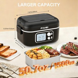 FIMEI Cordless Heated Lunch Box - 27000mAh Rechargeable Food Warmer for Work & Travel, 1.5L Stainless Steel Self-Heating Container with Timer, 30W Fast Charger (Black, 1.5L Container x 1)