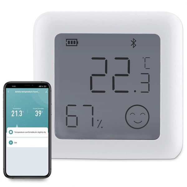 ANTELA Bluetooth Digital Mini Thermo-Hygrometer, Indoor Temperature and Humidity, Thermometer Hygrometer Small and Handy, Smart Life App Control, White