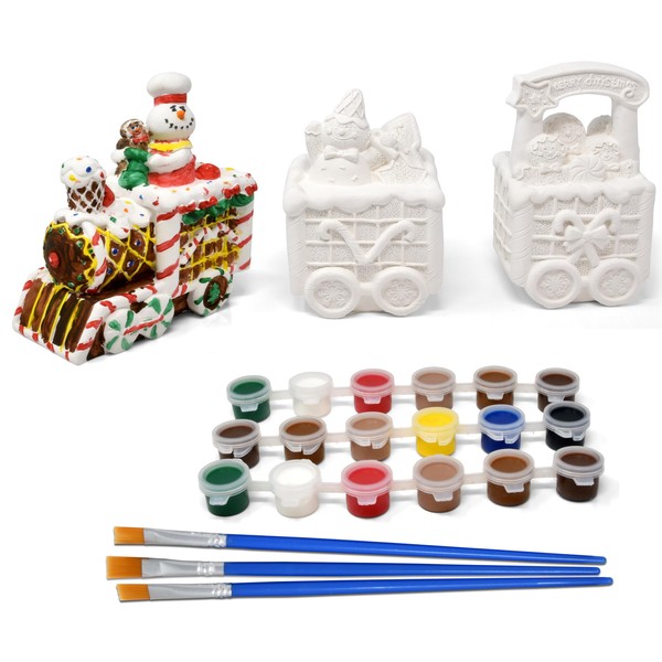 Ceramic Christmas Express Train Paint Craft Kit Xmas Gingerbread Trains Unpainted Ceramics Keepsake Table Decor for Kids Classroom Art Project Holiday Party Favors Decoration Paint & Brushes Included