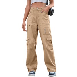 IVIR Cargo Jeans for Women High Waist Jogger Stretchy Low Rise Wide Leg Y2K Cargo Pants Fashion Clothes 2024 Light Khaki Large