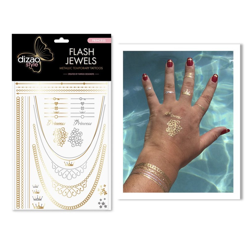 Dizao Gold Tattoo. PRINCESS. Flash Jewels. Metallic Temporary Gold Silver