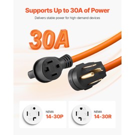 VEVOR 25 ft Dryer Extension Cord, 4-Prong NEMA 14-30P to 14-30R Dryer Cord, 125V/250V, STW 10AWG/4C, 30A, Pure Copper Wire Cable with Black Non-Woven Bag and PVC Cable Tie, for Outdoor & Indoor Use