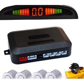 Sensores de estacionar para coche, kit de 4 sensores de estacionar, radar de zumbador, LED Desplay, sistema acústico de respaldo automático (plata)