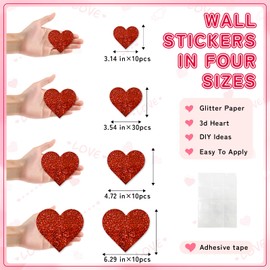 60 Pcs 3D Heart Wall Stickers,Valentine's Day Wall Decorations Waterproof Red Heart Wall Decals PVC Wall Stickers for Wedding Anniversary Party Bedroom School Office Decorations（ Sequined）