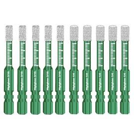 Mgtgbao 10pc Green Dry Diamond Drill Bits Set，5pc 3/16’’ 5mm & 5pc 1/4’’ 6mm Core Drill Bit for Porcelain Tile Ceramic Concrete Granite Marble Hard Materials (not for Wood)