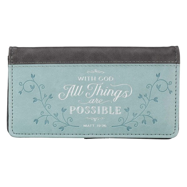 Checkbook Cover for Women All Things Are Possible Christian Blue Wallet, Faux Leather Christian Checkbook Cover for Duplicate Checks & Credit Cards - Mathew 19:26