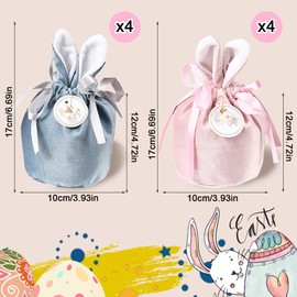 8 Pcs Easter Gift Bags Set, Easter Bunny Gift Bag with Pearl & Tags for Wedding Birthday, Easter Candy Bags for Jewellery(Pink/Blue)
