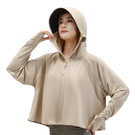 Lalapala Women's Rash Guard, UV Protection, Hoodie, Cool Touch, Summer, Thin, Long Sleeve, Hooded, UPF 50+, Sun Protection, UV Protection, Sweat Absorbent, Quick Drying, Breathable, Lightweight, Windproof, Stylish, Large Size, Outdoor (JP, Alphabet, Free Size, Khaki)