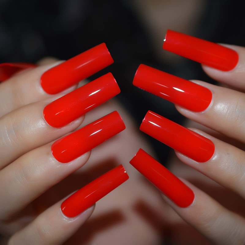 Bright Red Solid Color Press On Nails Extra Long Square