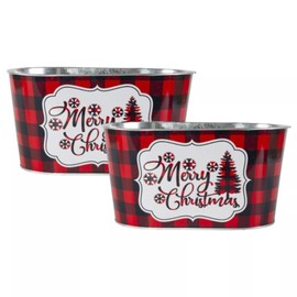 Fyne-Finds Set of 2 Metal Tin Trough 25cm, 10inch Pot Merry Christmas Chequred Festive Gift Xmas Planter