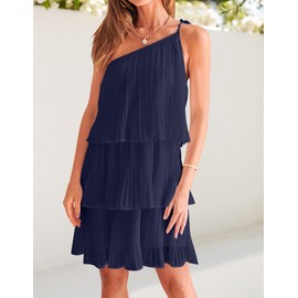 ZESICA Women's Boho Summer One Shoulder Sleeveless Ruffle Tiered Layered Chiffon Pleated A Line Flowy Mini Dress,Navy,Medium
