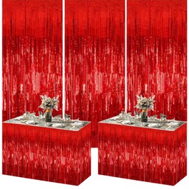 5pcs Red Party Decoration Set,Red Tinsel Foil Fringe Curtains Streamers Backdrop and Red Fringe Table Skirt for Christmas,Valentines Day,New Years,Birthday Party Decorations