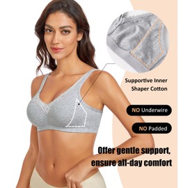 Curyon Women's Cotton Bra Non Padded Wirefree Lift Lace Floral Plus Size Comfort Everyday Bras Grey 42DD