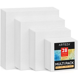 ARTEZA Canvases for Painting, Multipack of 28, 6 x 6, 8 x 8, 10 x 10, 12 x 12 Inches, Square Canvas Panels, 100% Cotton, 12.3 oz Gesso-Primed, Art Supplies for Acrylic Pouring and Oil Painting