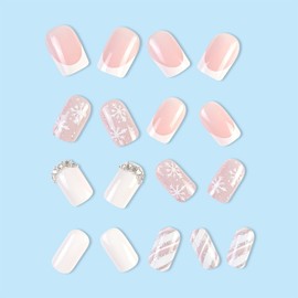 RIICFDD Christmas Press on Nails Medium Fake Nails Coffin False Nails Snowflake Stripe Glue on Nails Rhinestone Nail Charms Full Cover Glossy Acrylic Nails for Women Girls French Nails 24 Pcs