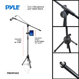 Pyle 2-in-1 Microphone and Tablet Stand - Adjustable Telescopic Column, 4.7” to 8.7” Tall, Powder Coated Black Finish, Universal Microphone Stand with Tablet Holder - Pyle PMKSPAD5